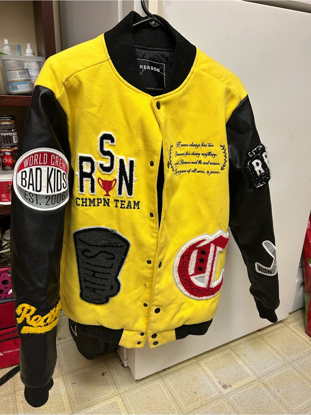 Reason Yellow and Black Varsity Bomber Jacket with Patches